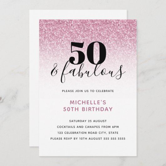 ピンクフェイクグリッター50と素晴らしい50誕生日 招待状 (正面/裏面)