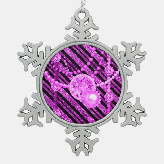 ピンクフェイクグリッター&ジュエルピータースノーフレーク スノーフレークピューターオーナメント (正面)