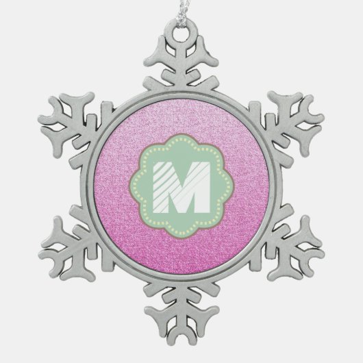 ピンクフェイクグリッター スノーフレークピューターオーナメント (正面)