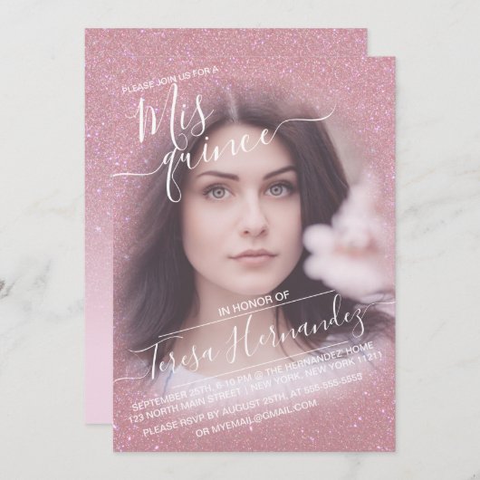 ピンクフェイクスパークリグリッターグラデーションフォトキンセアニラ 招待状 (正面/裏面)