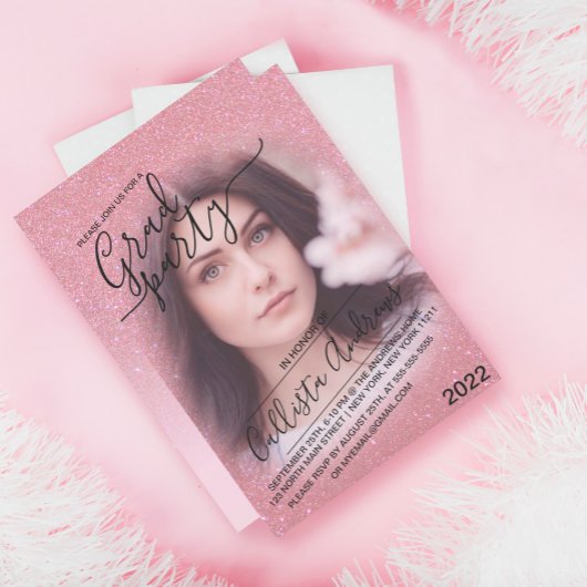 ピンクフェイクスパークルグリッターグラデーション写真卒業 招待状