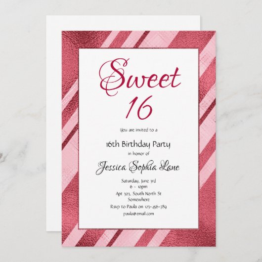 ピンクフェイクフォイルスウィート16誕生日招待状 招待状 (正面/裏面)