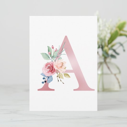 ピンクフェイクフォイル文字A赤面フローラモノグラム 招待状 (スタンド正面)