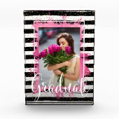 ピンクフェイクフォイル白黒ストライプ卒業生 フォトブロック (正面)