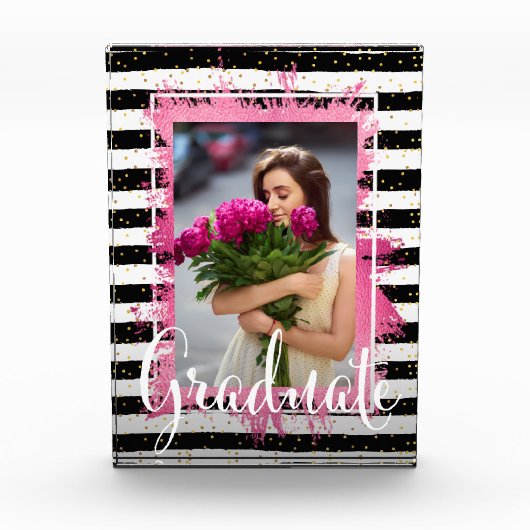 ピンクフェイクフォイル白黒ストライプ卒業生 フォトブロック (正面)