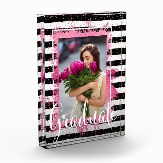 ピンクフェイクフォイル白黒ストライプ卒業生 フォトブロック (左)