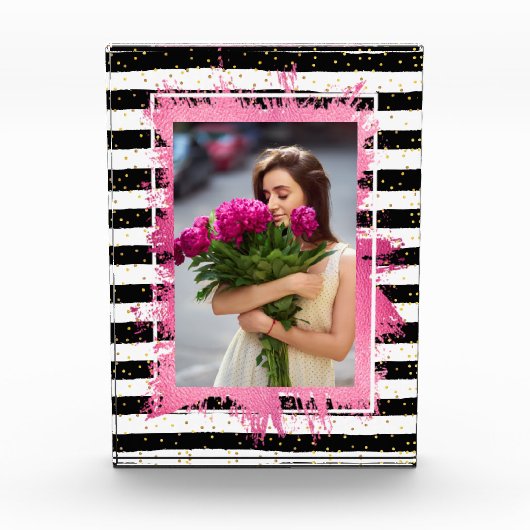 ピンクフェイクフォイル白黒ストライプ フォトブロック (正面)