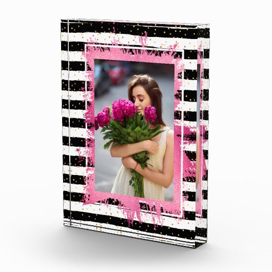 ピンクフェイクフォイル白黒ストライプ フォトブロック (右)