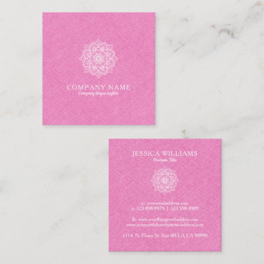 ピンクフェイクリネン&ホワイトマンダラ スクエア名刺 (正面/裏面)