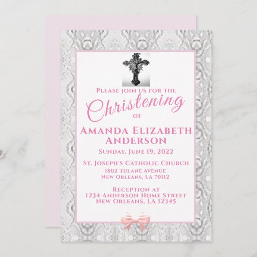 ピンクフェイクレースバプテスマ/《キリスト教》洗礼式や命名式 招待状 (正面/裏面)