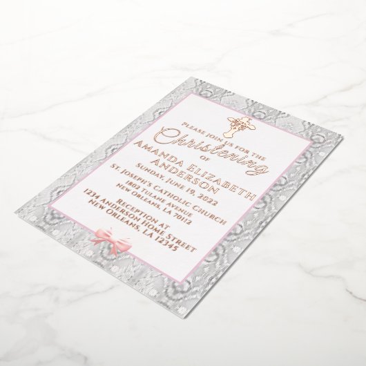 ピンクフェイクレースバプテスマ/《キリスト教》洗礼式や命名式 箔招待状 (回転した状態)