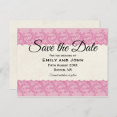 ピンクフェイクレース/クリームのパーチメント日付を保存 案内ポストカード (正面/裏面)