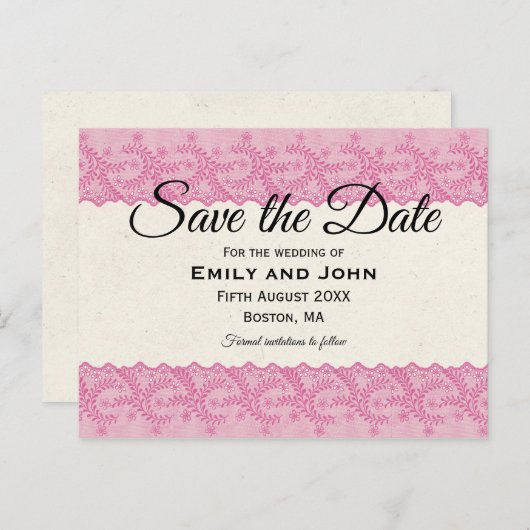 ピンクフェイクレース/クリームのパーチメント日付を保存 案内ポストカード (正面/裏面)