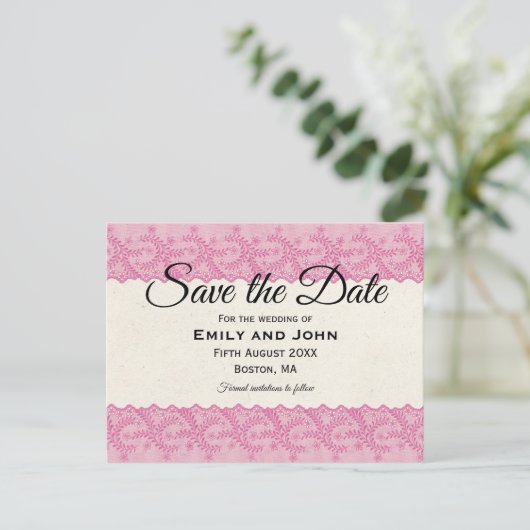 ピンクフェイクレース/クリームのパーチメント日付を保存 案内ポストカード (スタンド正面)