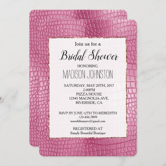 ピンクフェイクワニブライダルシャワー 招待状 (正面/裏面)