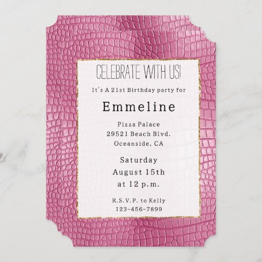 ピンクフェイクワニ誕生日 招待状 (正面/裏面)