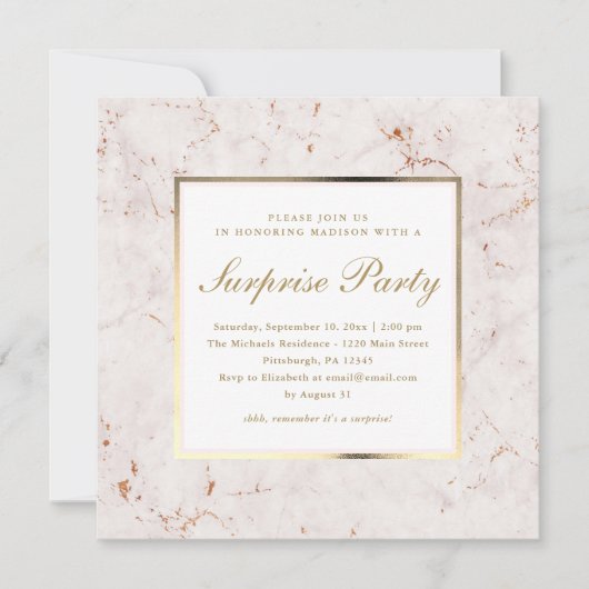 ピンクフェイク大理石とフォトサプライズパーティー 招待状 (正面)