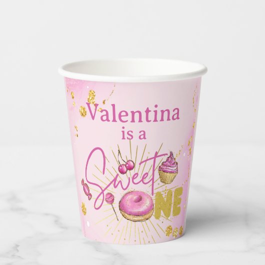 ピンクフェイク金ゴールドグリッタースウィートワン誕生日 紙コップ (裏面)