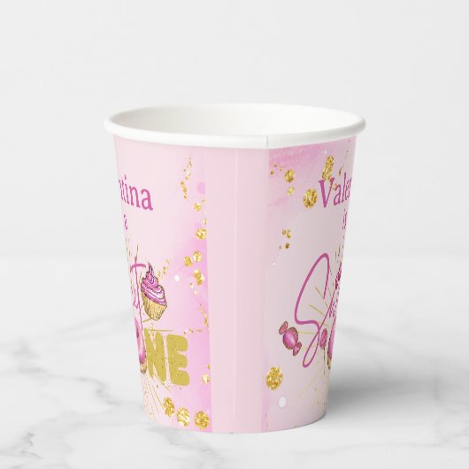 ピンクフェイク金ゴールドグリッタースウィートワン誕生日 紙コップ (右)