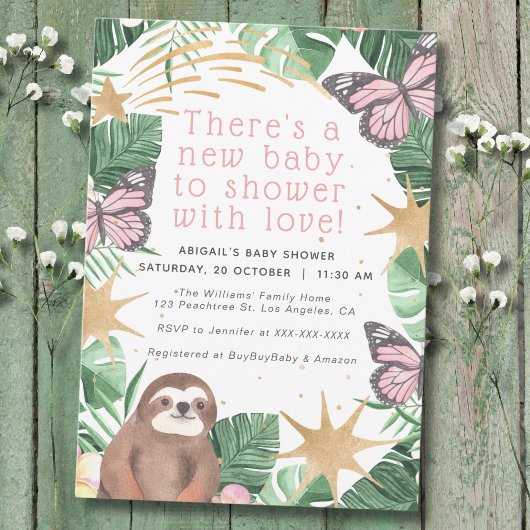 ピンクフェイク金ゴールドスロース&バタフライガールベビーシャワー 招待状