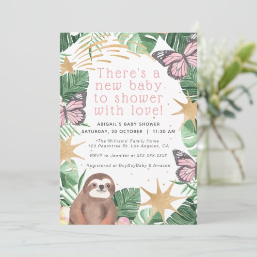 ピンクフェイク金ゴールドスロース&バタフライガールベビーシャワー 招待状 (スタンド正面)