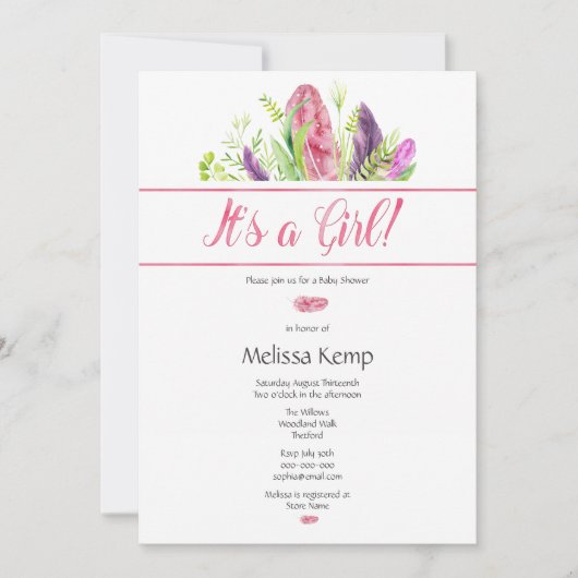 ピンクフェザーボホーベビーシャワー招待状 招待状 (正面)