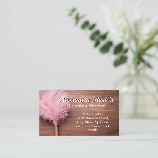 ピンクフェザーモダンクリーニングサービス 名刺 (スタンド正面)