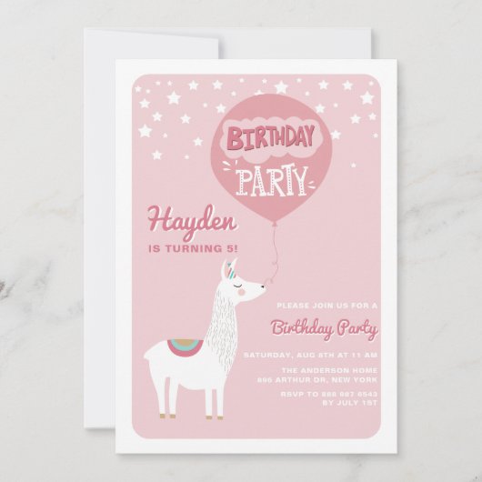 ピンクフェスティバルアルパカ子供の誕生日パーティの招待状 招待状 (正面)