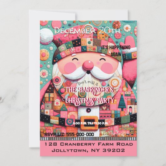 ピンクフェスティバルチックチェリーサンタアニュアルクリスマス 招待状 (正面)