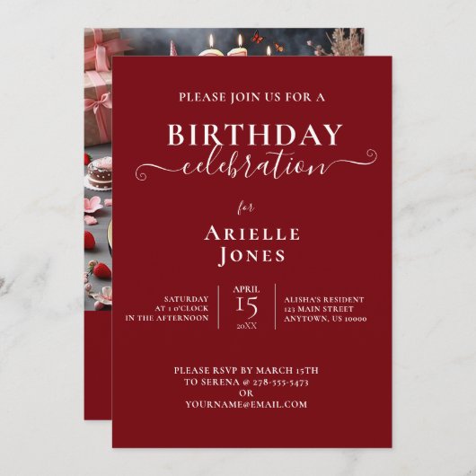 ピンクフェミニンお誕生日ケーキ、21お祝い 招待状 (正面/裏面)