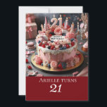 ピンクフェミニンお誕生日ケーキ、21お祝い 招待状<br><div class="desc">おもしろいと空想的でカラフルと陽気な、このおもしろいと手の込んだケーキは21歳の祝誕生日を飲む時間を言う!!</div>
