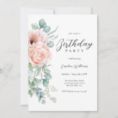 ピンクフェミニンとベージュのフローラ誕生日パーティー 招待状 (正面)