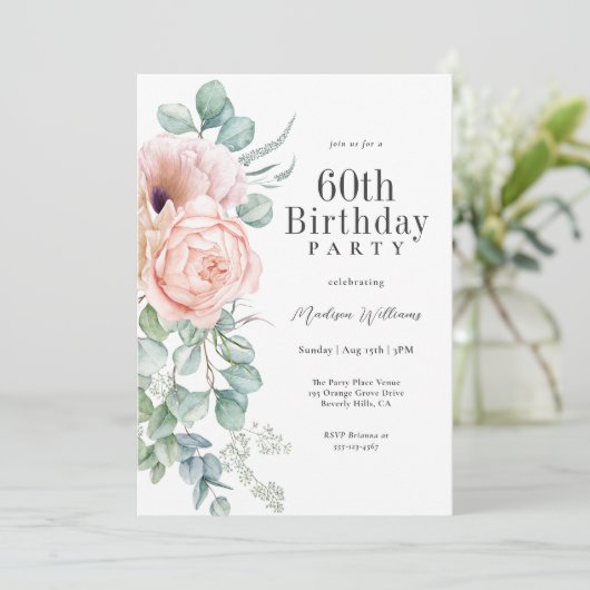 ピンクフェミニンとベージュのフローラ60th誕生日パーティー 招待状 (スタンド正面)