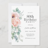ピンクフェミニンとベージュのフローラ80th誕生日パーティー 招待状 (正面)