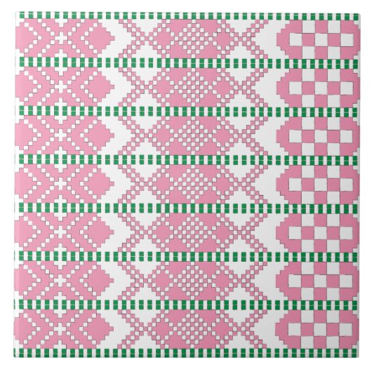 ピンクフェミニンと白のラトビアの部族フォークアート タイル (正面)