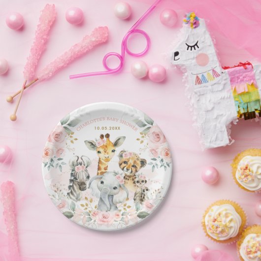 ピンクフェミニンのサファリジャングルワイルドアニマルベビーガール ペーパープレート (パーティー)