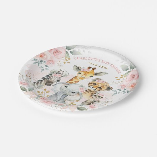 ピンクフェミニンのサファリジャングルワイルドアニマルベビーガール ペーパープレート (アングル)