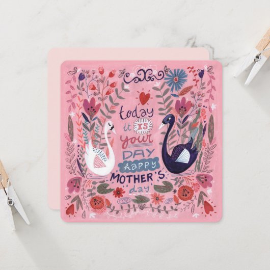 ピンクフェミニンのフローラの白鳥の母の日 カード (正面/裏面インサイチュ)