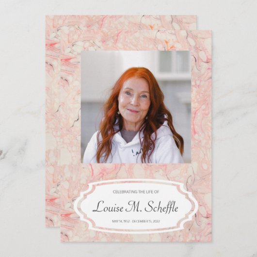 ピンクフェミニンの大理石お祝い追悼碑 招待状 (正面/裏面)