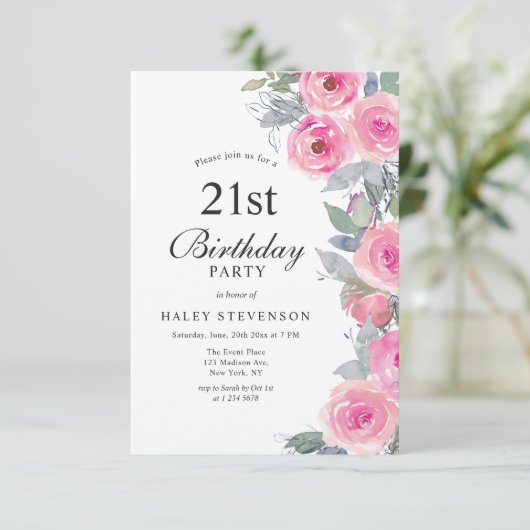 ピンクフェミニンの水の色フローラシック21歳の誕生日 招待状 (スタンド正面)