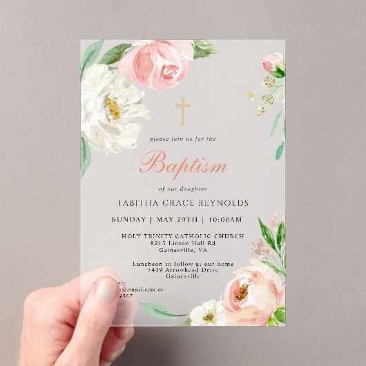 ピンクフェミニンの水色フローラ宗教洗礼 アクリル招待状 (インサイチュ (ポータブル))
