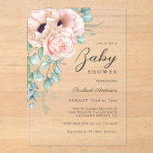 ピンクフェミニンの水色フローラ赤ちゃんシャワー アクリル招待状 (正面)