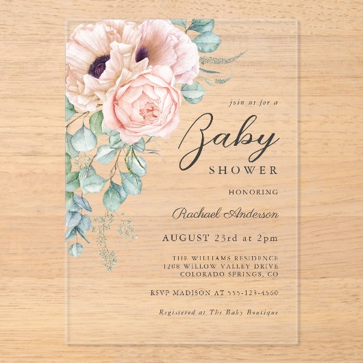 ピンクフェミニンの水色フローラ赤ちゃんシャワー アクリル招待状 (正面)