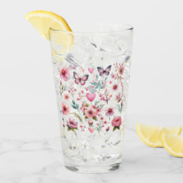 ピンクフェミニンの花と蝶 タンブラーグラス