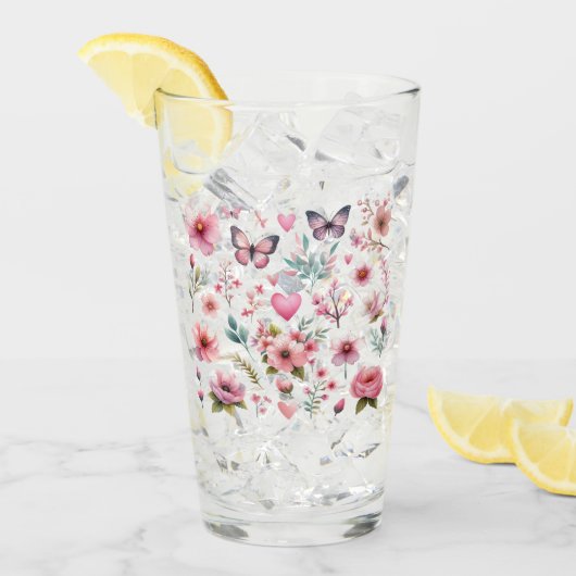 ピンクフェミニンの花と蝶 タンブラーグラス (アイス正面)