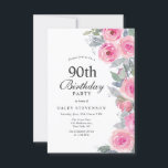 ピンクフェミニンウォーターカラーフローラシック90誕生日 招待状<br><div class="desc">あなたの誕生祝いを私たちのシックエレガントで誕生日の招待と本当にフェミニン関係させる。美しくデザインされた招待状は、繊細なピンク色の水色の花を特徴とし、上品で魅力を醸し出しガーリーている。シックな書道とセリフタイポグラフィの組み合わせにより、デザイン全体に洗練のtouchが加わる。便利なデジタルバージョンを選ぶか、有形のキープサプライズのプリントオプションを選ぶか、この招待は必ずあなたの特別な日に完璧なトーンを設定する。ザッカスタマイズズルでこの招待を受けスタイリッシュて、あなたのイベントを忘れられない状態にするよう注文しなさい。詳細で招待状をパーソナライズもしし、文字のスタイルと配置をさらに再調整したい場合は、「更に調整するクリック」カスタマイズボタンを押して下さい。同じテーマの他の製品は私の店を訪れる：Youtopia Official.</div>