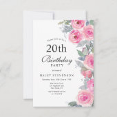 ピンクフェミニンウォーター色フローラシック20誕生日 招待状 (正面)