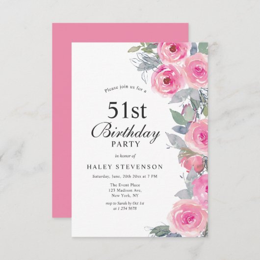 ピンクフェミニンウォーター色フローラシック51誕生日 招待状 (正面/裏面)