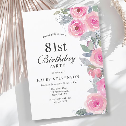 ピンクフェミニンウォーター色フローラシック81誕生日 招待状