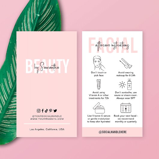 ピンクフェミニンサロンフェイシャルアフターケアの手順 名刺